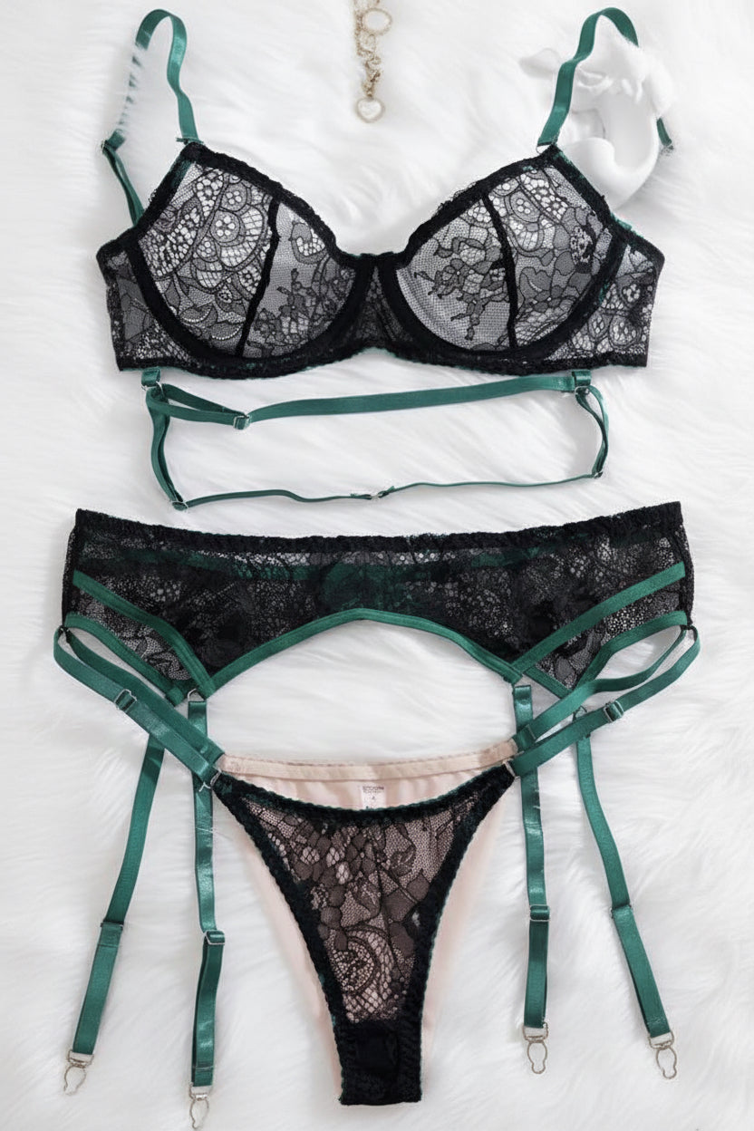 Black Floral Lace 3 Piece Lingerie Set with Emerald Green Strappy Garters