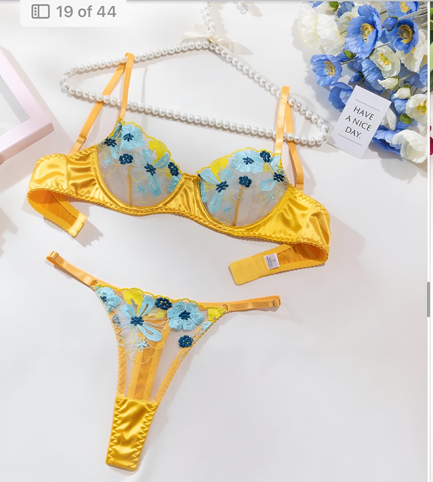 Yellow blue appliquéd two piece bra and panty set
