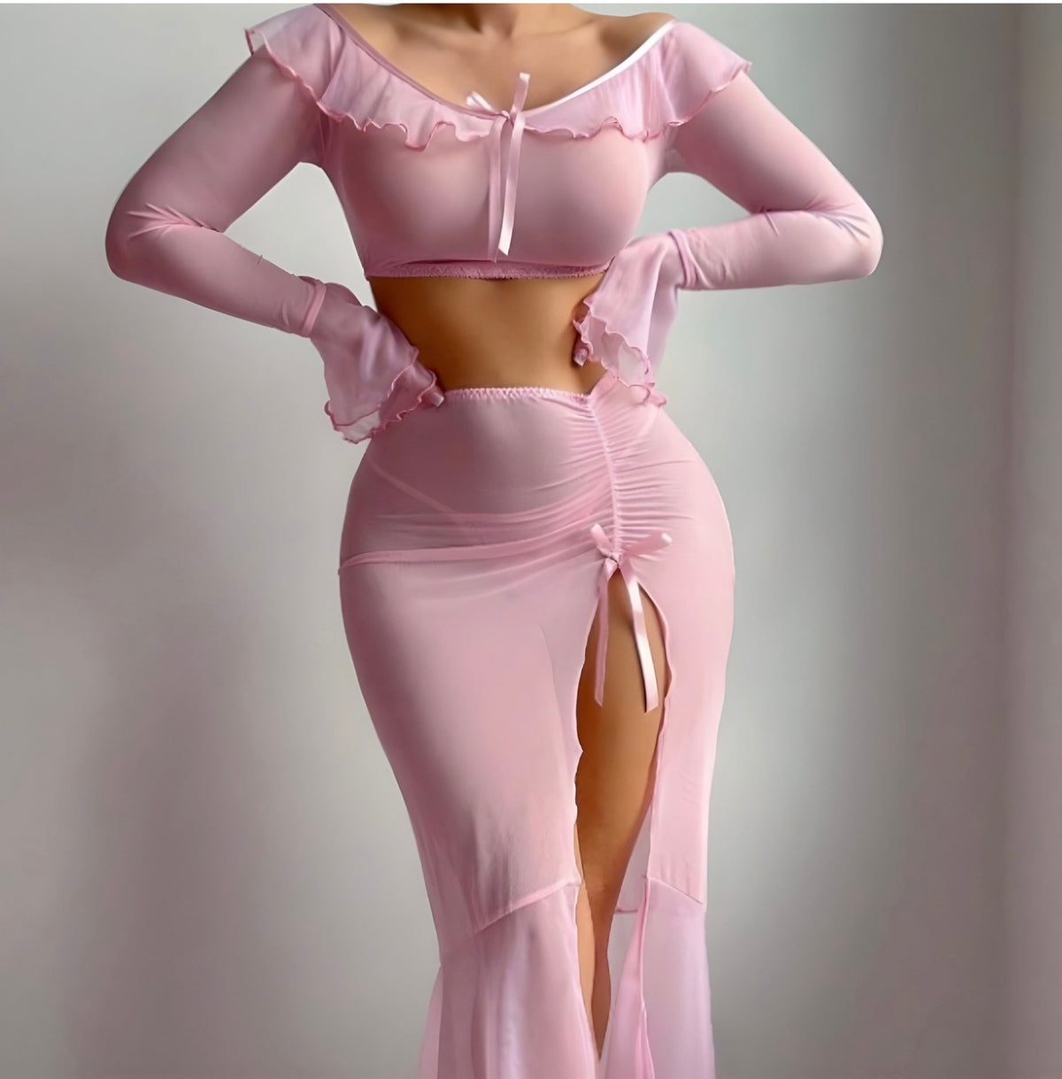 Blush ruffle ruched flare set